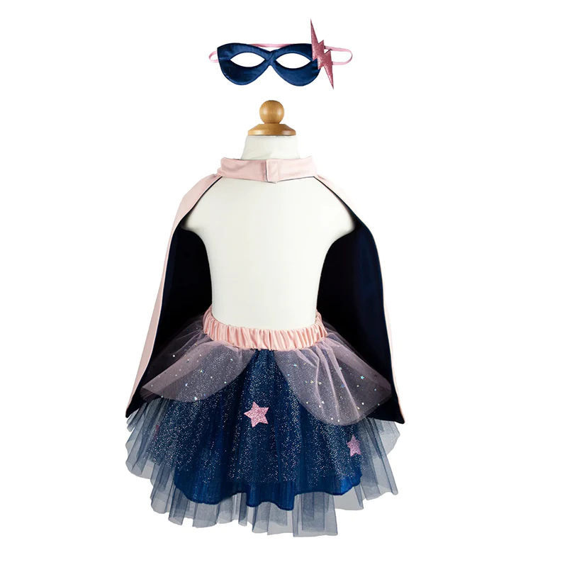 Disfarce – Super-Heroína com Tutu, Capa e Máscara – Rosa/Azul Escuro | Great Pretenders