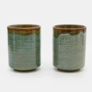 Green & Orange Ringed Glaze Cup - Pair